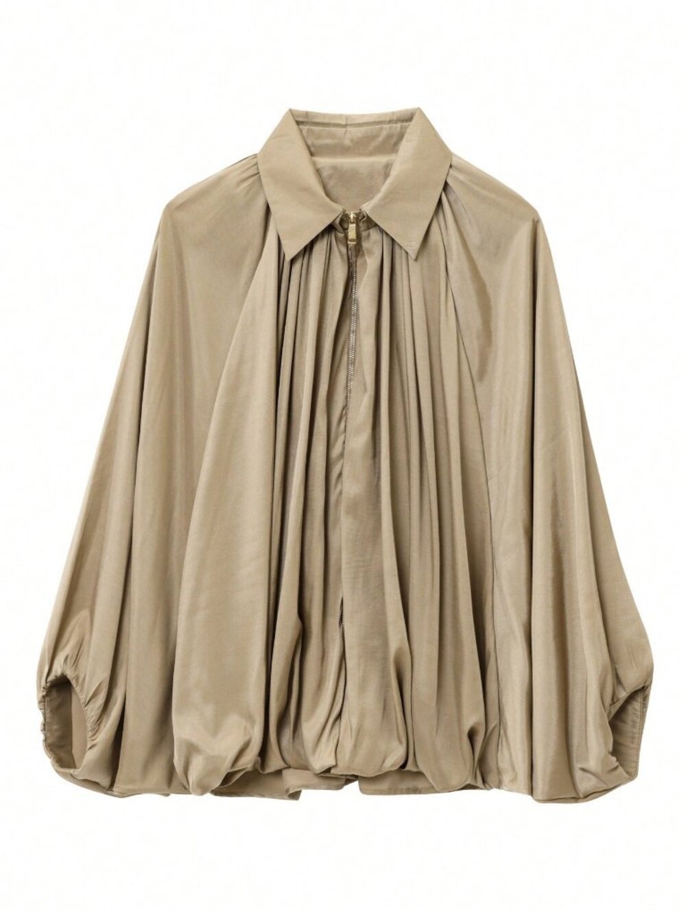 Khaki Casual Women's Draping Puff Bomber Jacket - Picture 4 of 5